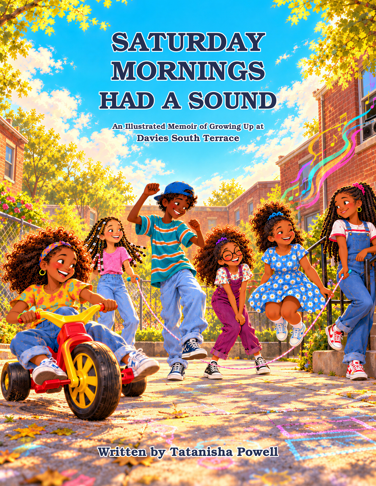 Saturday Mornings Had a Sound book cover, showing childhood friends dancing and riding a Big Wheel at Davies South Terrace